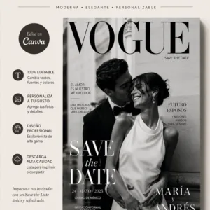 plantilla save the date estilo revista vogue editable en canva