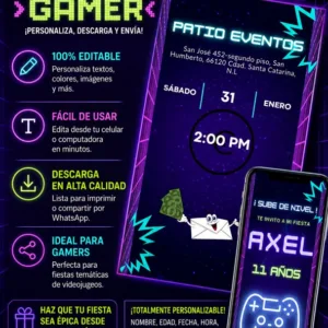 invitación de cumpleaños gamer editable en canva
