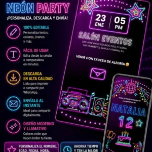invitación de cumpleaños neón editable en canva