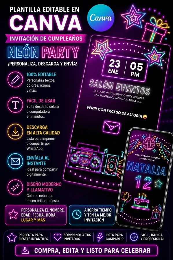Screenshot_18 invitación de cumpleaños neón editable en canva