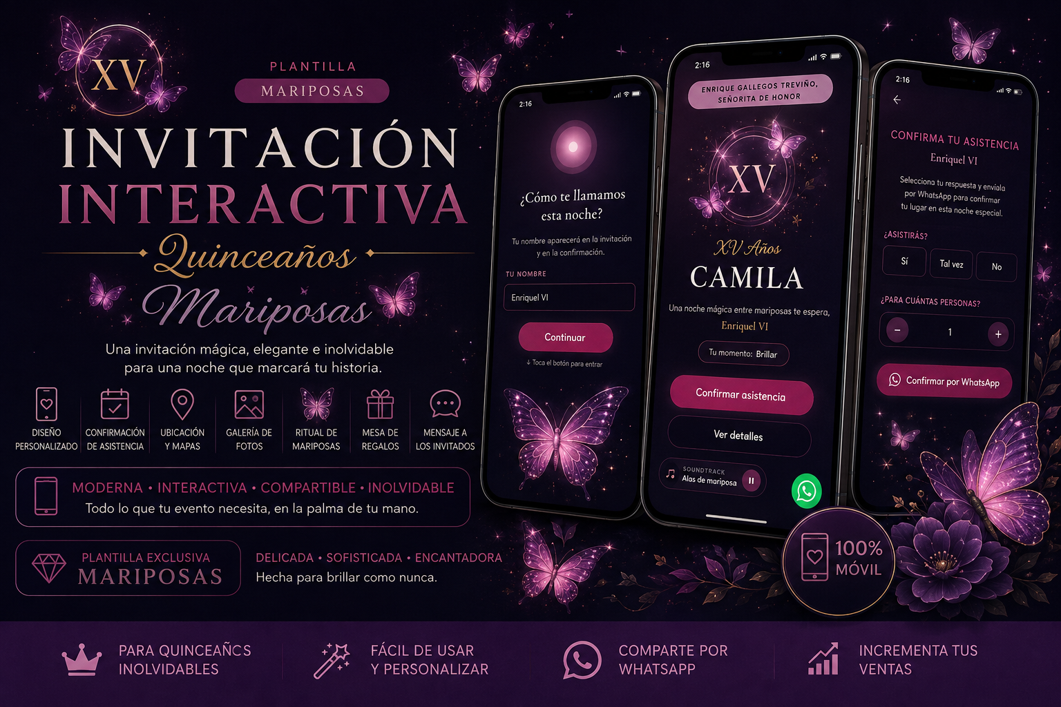 Quinceaños Mariposas Plantilla HTML Invitación Digital Interactiva Quinceaños Mariposas